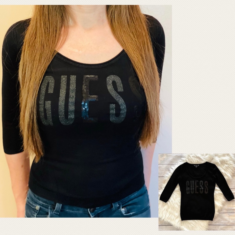 Guess Women’s Sequin 3/4 Sleeve Sweater - Black, Size XS